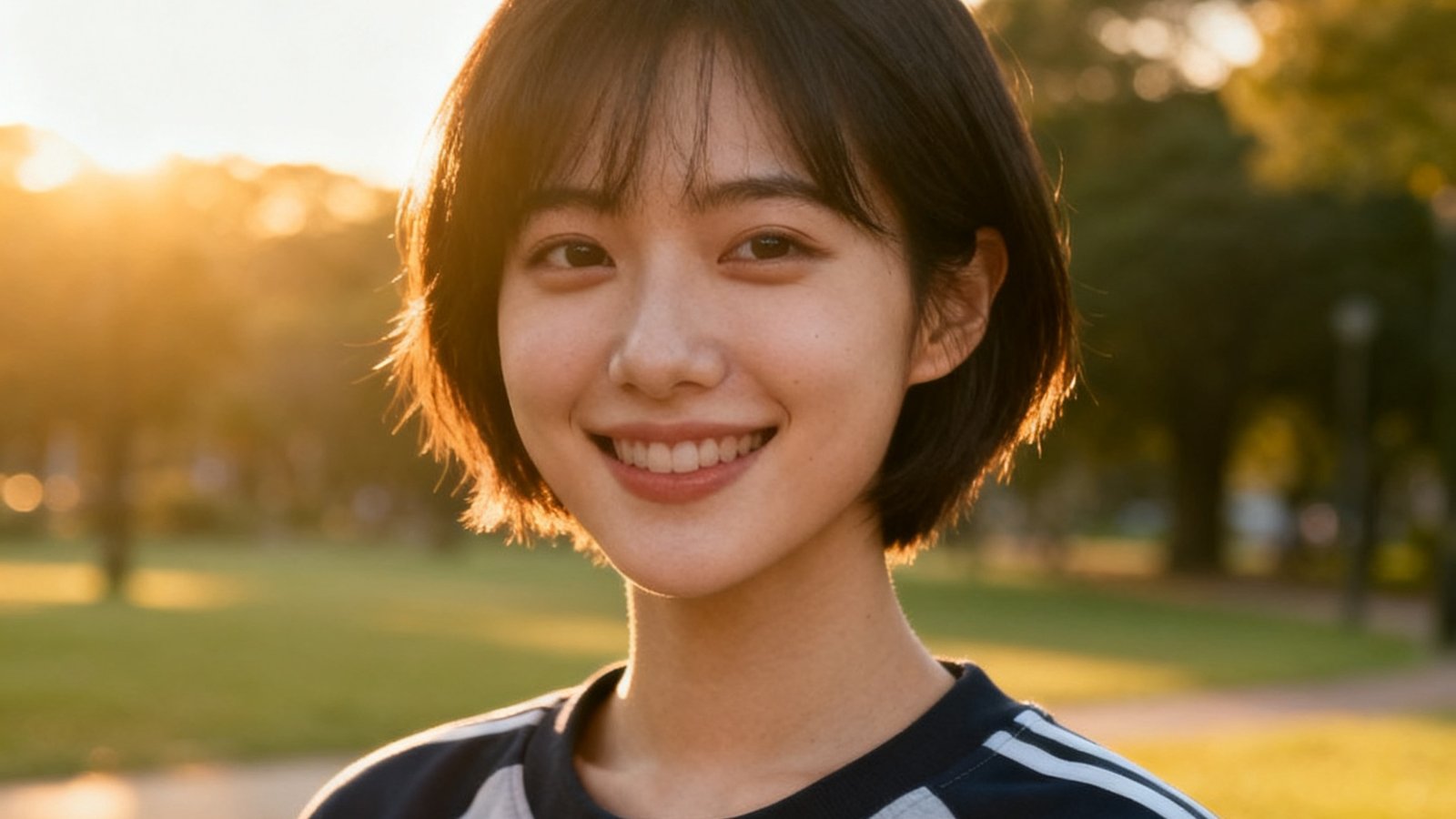 一位留短发的年轻女性用户头像，她穿着运动卫衣，站在户外公园的晨光中，神情开朗自信